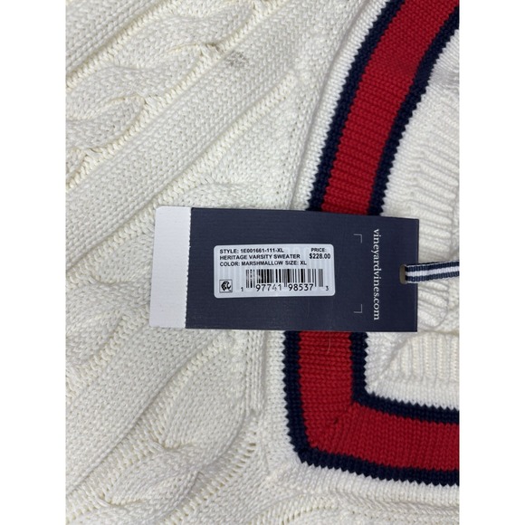 Vineyard Vines Men's  Heritage Varsity V Neck Tennis Sweater Marshmallow XL $228 - Picture 3 of 8